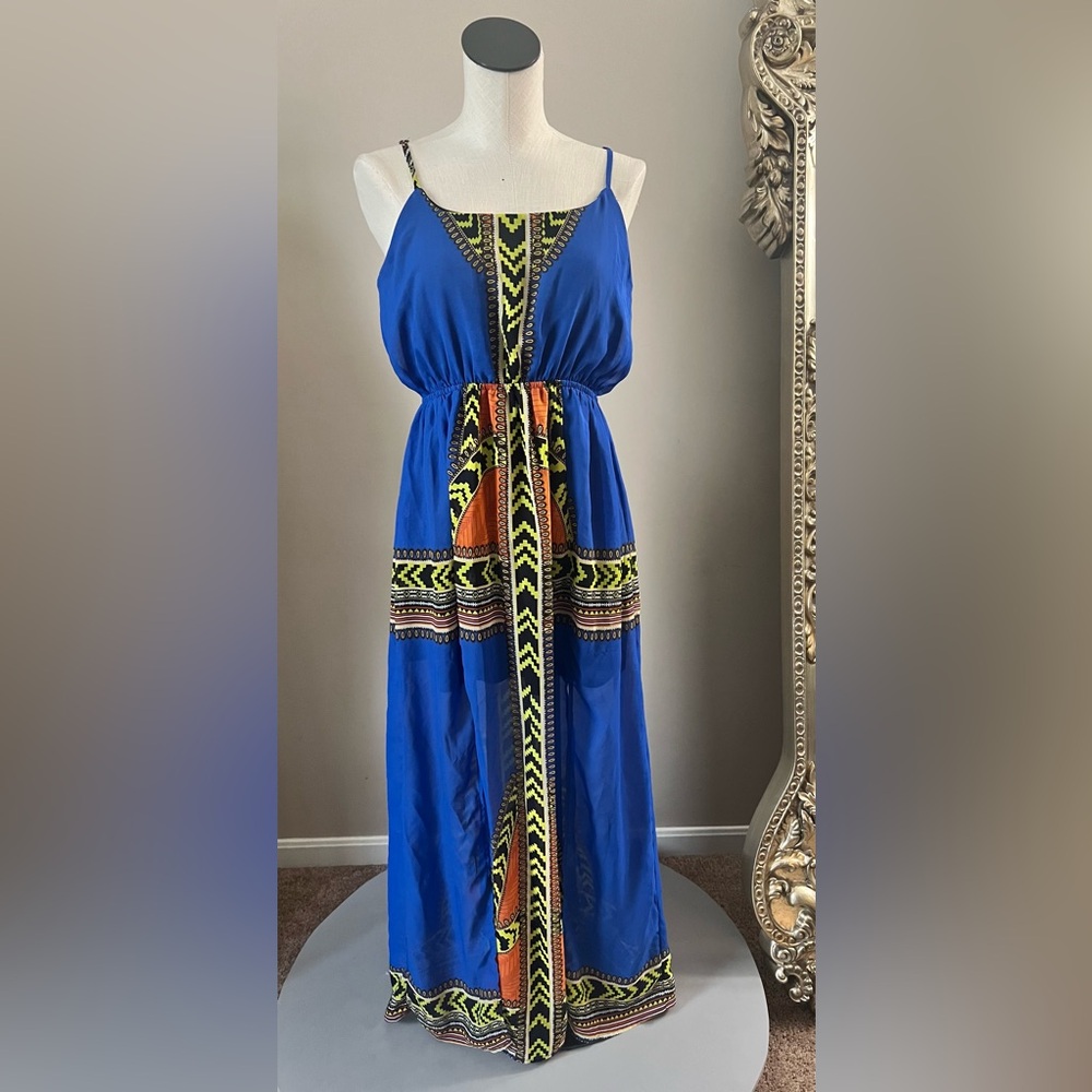 Royal Blue Printed Open Back Maxi Dress